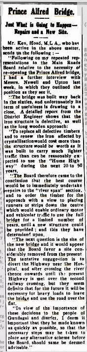 Prince Alfred Bridge Newspaper 11mar1930